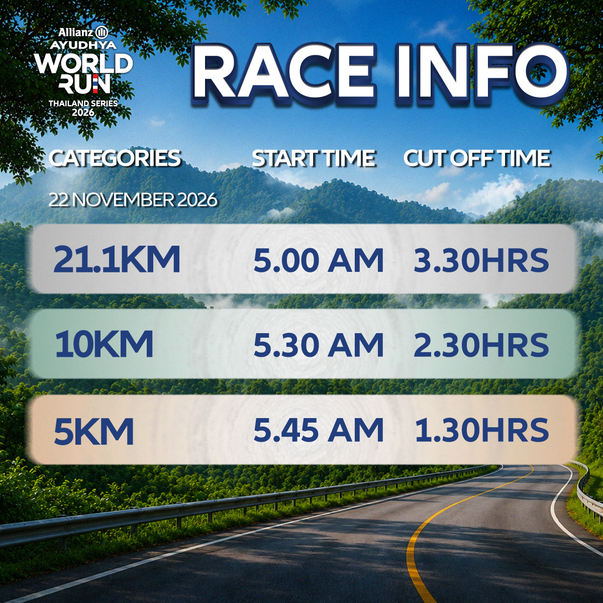 Race Info — Start Time / Cut Off ทั้ง 3 ระยะ (22 พ.ย. 2026)